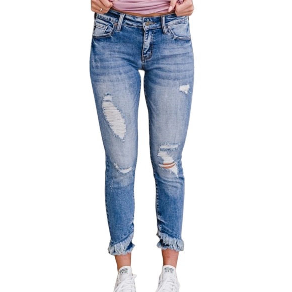 KanCan Denim - Kancan Double Raw Hem Fringe Distressed Jeans Medium Wash Size 29 Women's